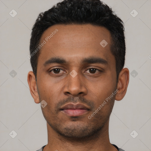 Neutral latino young-adult male with short  black hair and brown eyes
