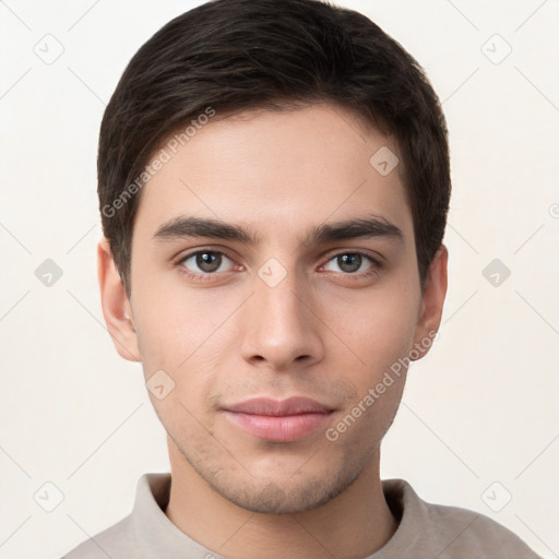 Neutral white young-adult male with short  brown hair and brown eyes