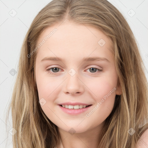 Joyful white child female with long  brown hair and brown eyes