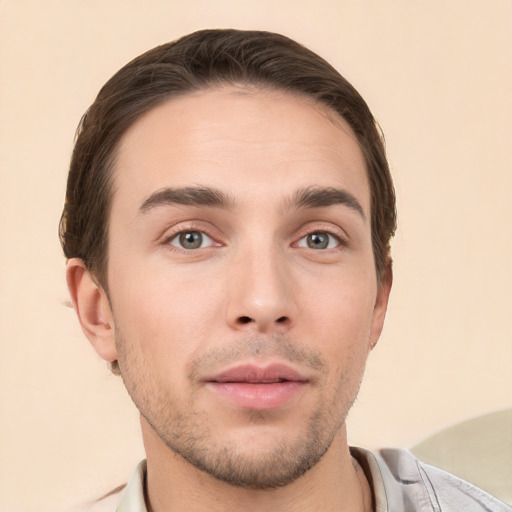 Neutral white young-adult male with short  brown hair and brown eyes