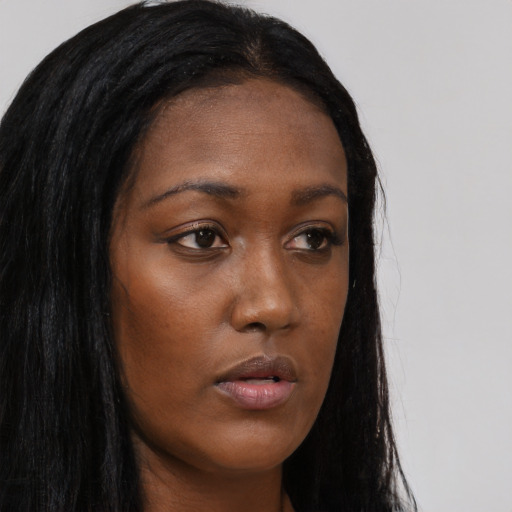 Neutral black young-adult female with long  brown hair and brown eyes