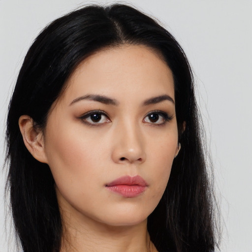 Neutral asian young-adult female with long  black hair and brown eyes