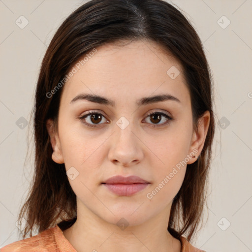 Neutral white young-adult female with medium  brown hair and brown eyes