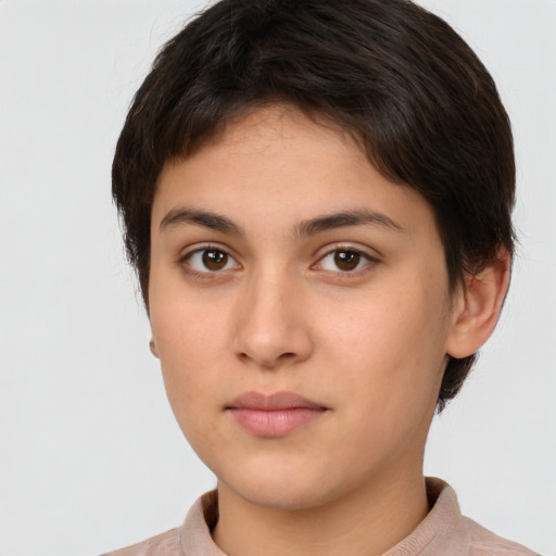 Neutral white young-adult female with short  brown hair and brown eyes