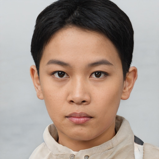 Neutral asian young-adult female with short  black hair and brown eyes