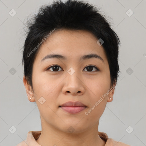 Joyful asian young-adult female with short  brown hair and brown eyes