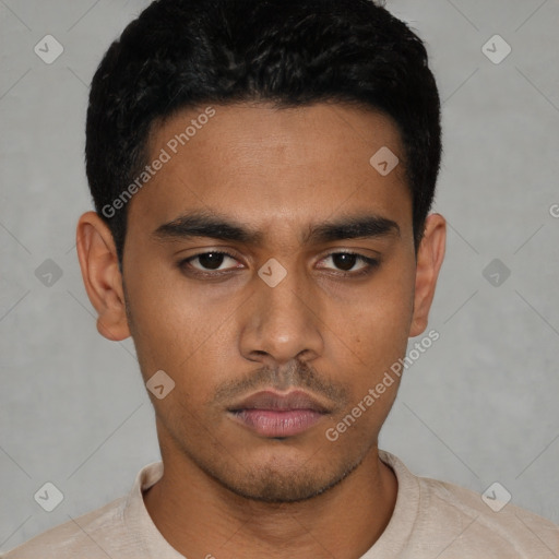 Neutral latino young-adult male with short  black hair and brown eyes