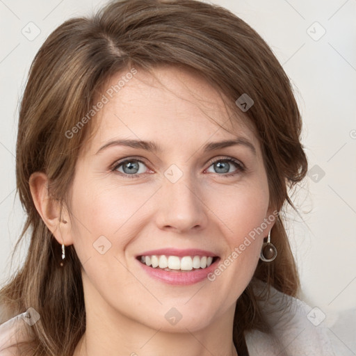 Joyful white young-adult female with medium  brown hair and green eyes