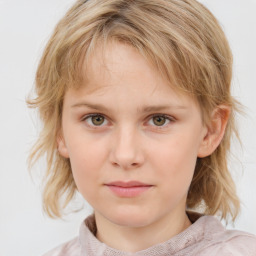 Neutral white child female with medium  brown hair and blue eyes