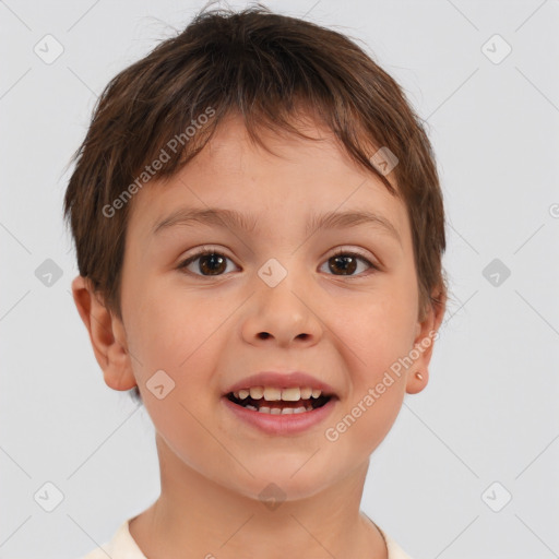 Joyful white child female with short  brown hair and brown eyes