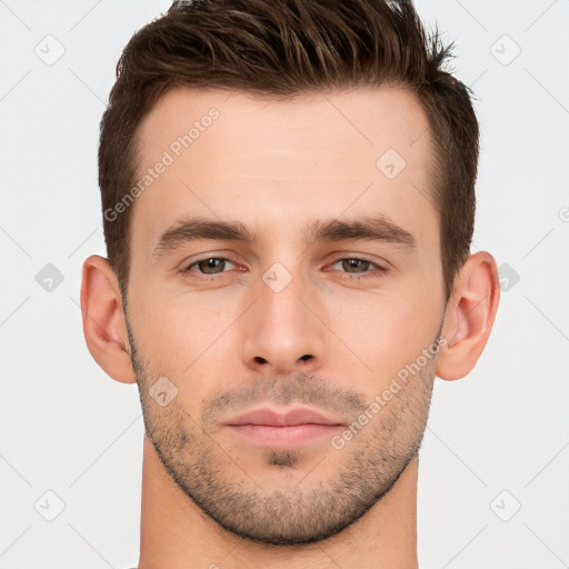 Neutral white young-adult male with short  brown hair and brown eyes