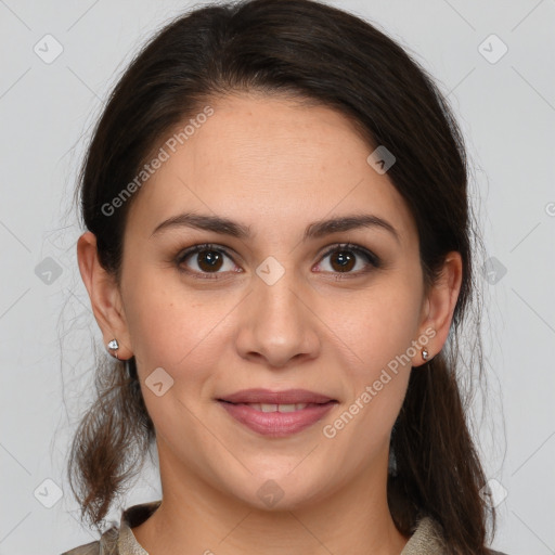 Joyful white young-adult female with medium  brown hair and brown eyes