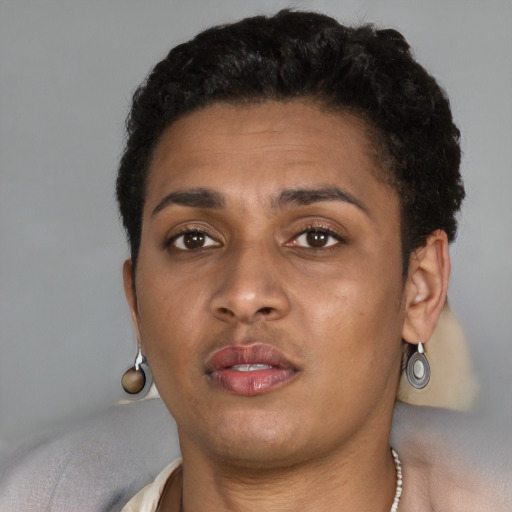 Neutral black young-adult female with short  brown hair and brown eyes