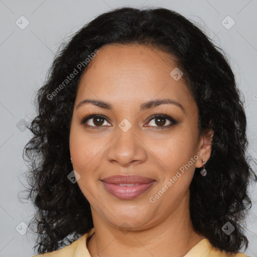 Joyful black young-adult female with medium  brown hair and brown eyes