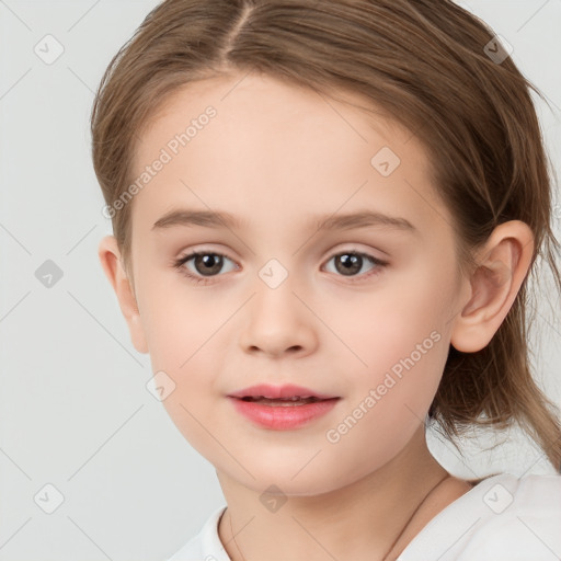 Joyful white child female with medium  brown hair and brown eyes