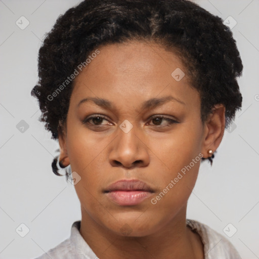 Neutral black young-adult female with short  brown hair and brown eyes