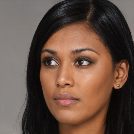 Neutral asian young-adult female with long  black hair and brown eyes