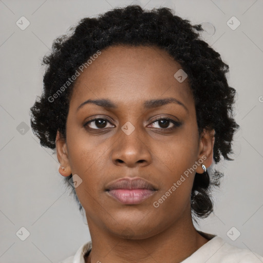 Neutral black young-adult female with short  black hair and brown eyes