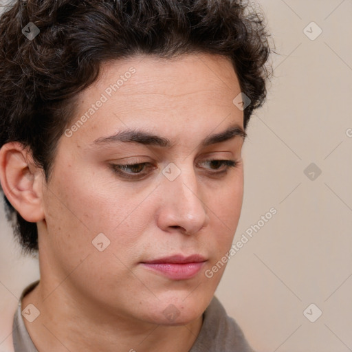 Neutral white young-adult female with short  brown hair and brown eyes