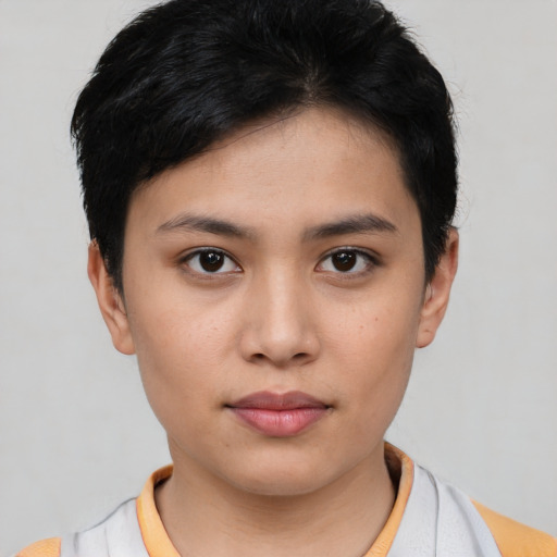 Neutral asian young-adult female with short  black hair and brown eyes