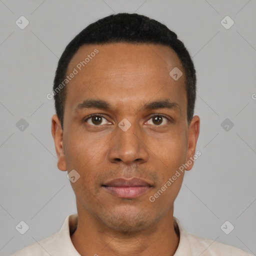 Neutral latino young-adult male with short  black hair and brown eyes