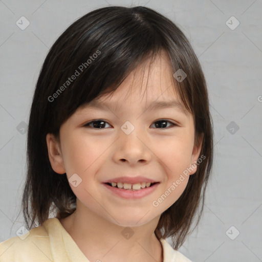 Joyful white child female with medium  brown hair and brown eyes