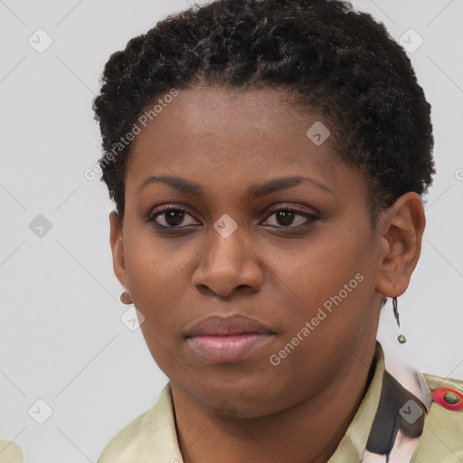 Neutral black young-adult female with short  brown hair and brown eyes