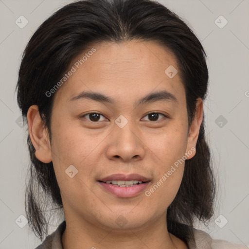 Joyful white young-adult female with medium  brown hair and brown eyes