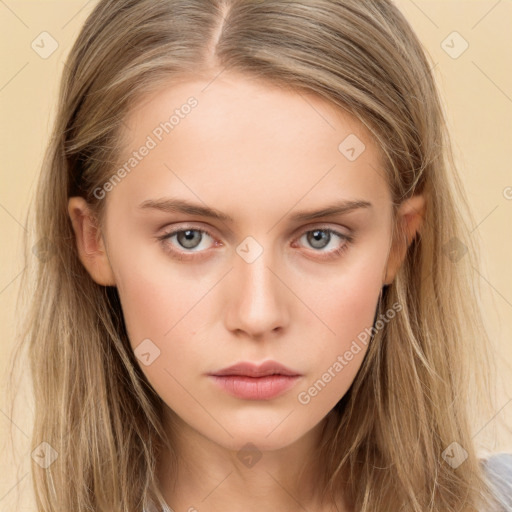 Neutral white young-adult female with long  brown hair and brown eyes