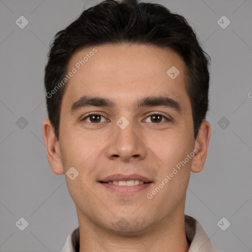 Joyful white young-adult male with short  brown hair and brown eyes