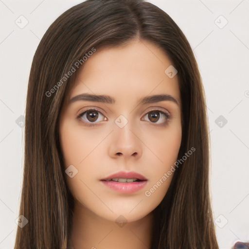 Neutral white young-adult female with long  brown hair and brown eyes