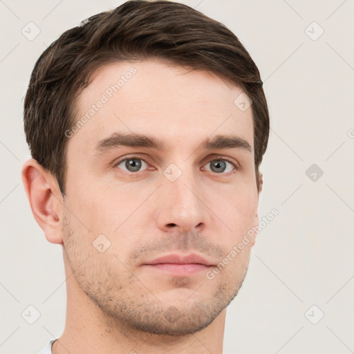 Neutral white young-adult male with short  brown hair and grey eyes