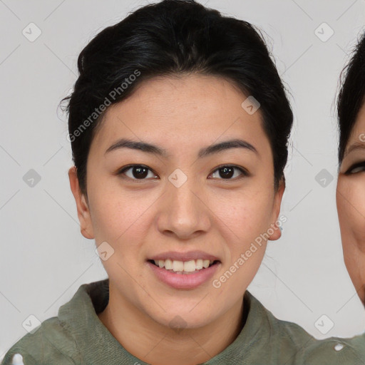 Joyful asian young-adult female with short  brown hair and brown eyes