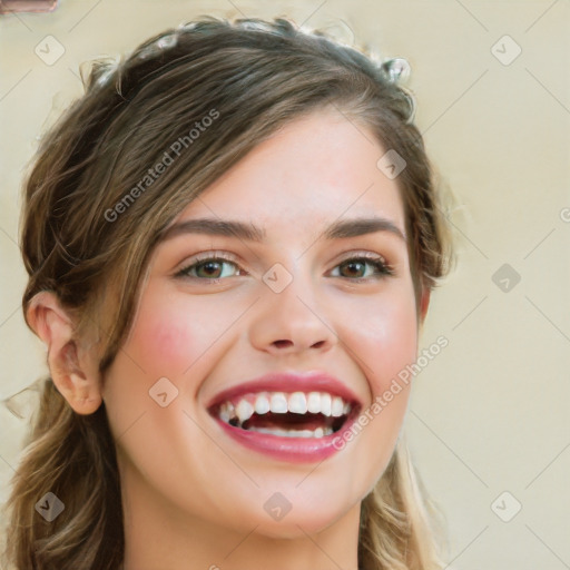 Joyful white young-adult female with long  brown hair and green eyes