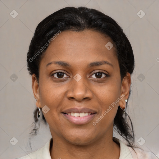 Joyful black young-adult female with medium  black hair and brown eyes