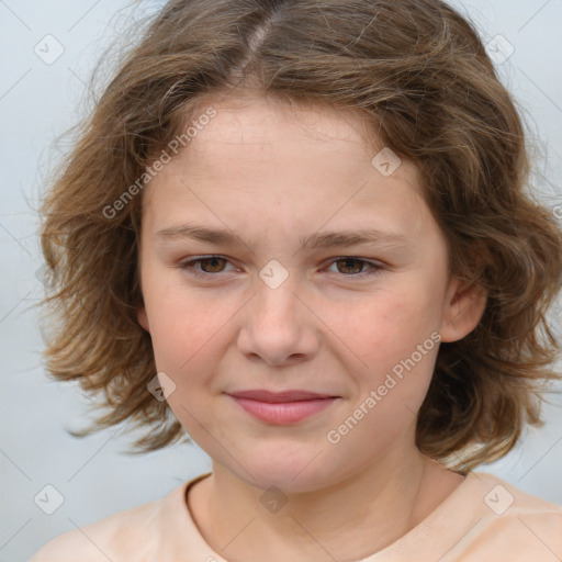 Joyful white child female with medium  brown hair and brown eyes