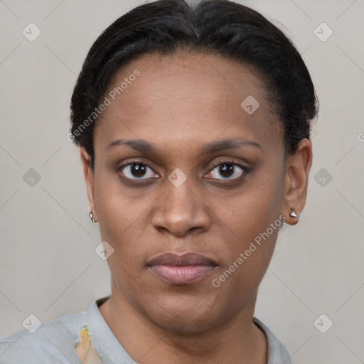 Neutral latino young-adult female with short  brown hair and brown eyes