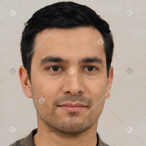 Neutral asian young-adult male with short  black hair and brown eyes