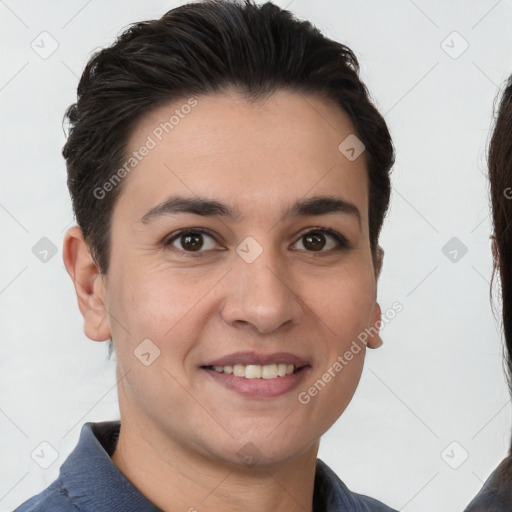 Joyful white young-adult male with short  brown hair and brown eyes