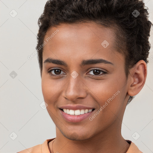 Joyful white young-adult female with short  brown hair and brown eyes