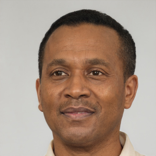 Neutral black adult male with short  black hair and brown eyes