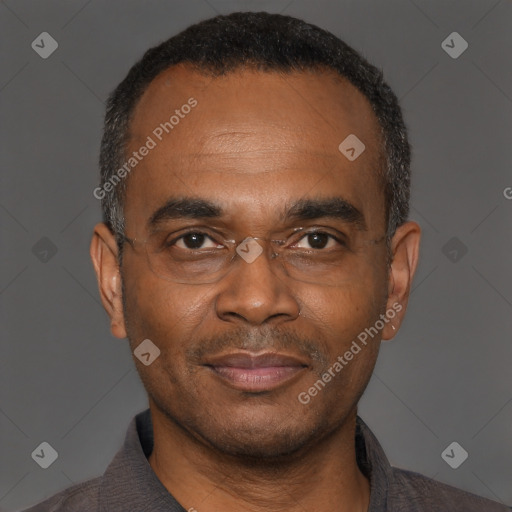 Joyful black adult male with short  black hair and brown eyes