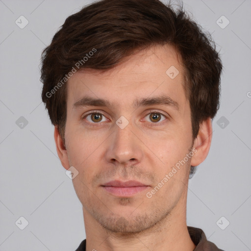 Neutral white young-adult male with short  brown hair and brown eyes