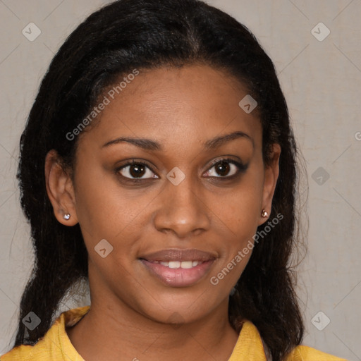 Joyful black young-adult female with medium  brown hair and brown eyes