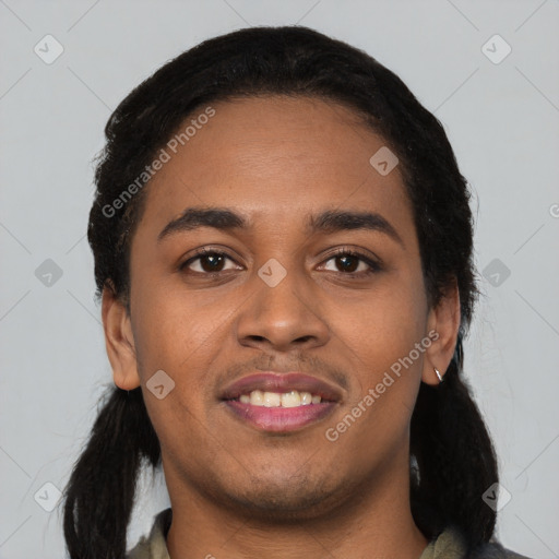 Joyful black young-adult male with short  black hair and brown eyes