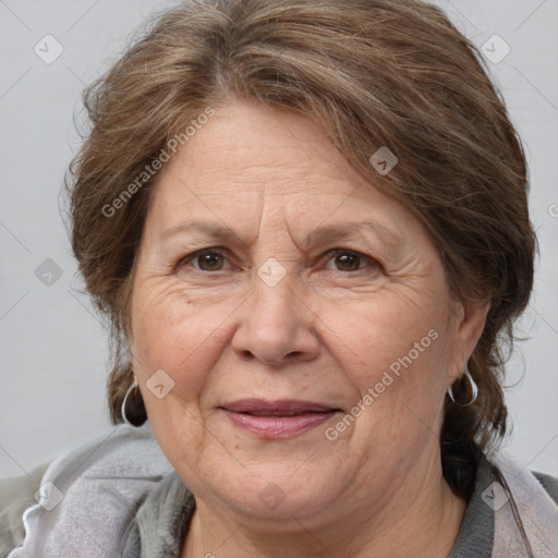 Joyful white middle-aged female with medium  brown hair and brown eyes