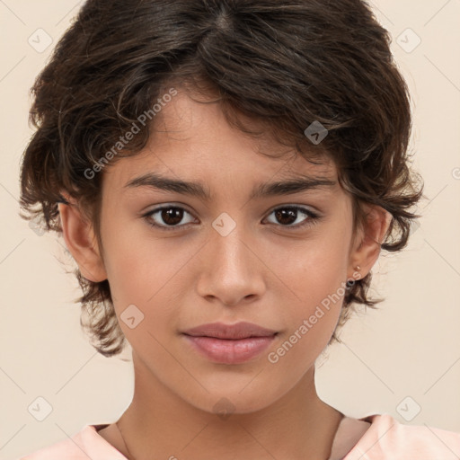 Joyful white child female with medium  brown hair and brown eyes