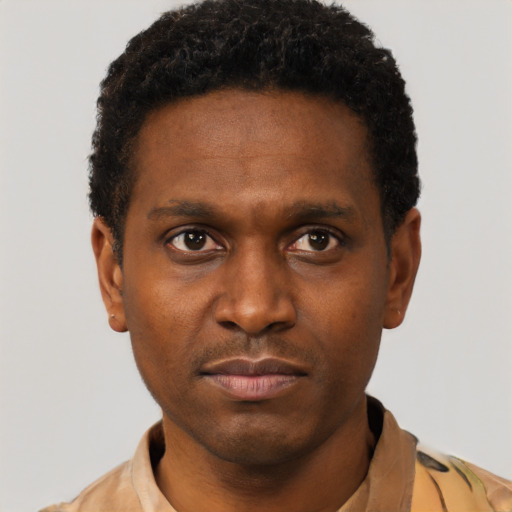 Neutral black young-adult male with short  black hair and brown eyes