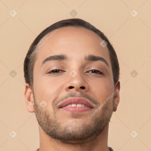 Neutral white young-adult male with short  brown hair and brown eyes