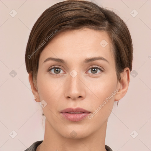 Neutral white young-adult female with short  brown hair and brown eyes